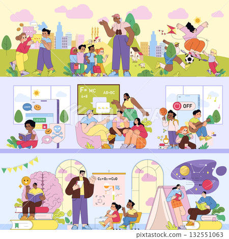 Vector illustration showcasing diverse people engaging in outdoor sports, group discussions, and educational sessions in a vibrant park setting. Emphasis on social interaction and teamwork. 132551063