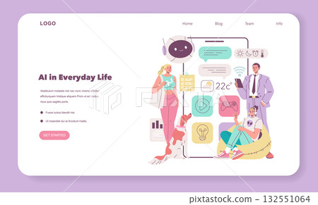Vector illustration showing people interacting with AI applications in daily life. Features a chatbot, smart device usage, and diverse activities, emphasizing technology's role in everyday tasks. 132551064