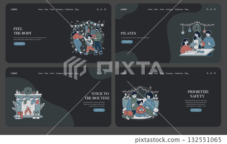 This vector illustration depicts a family enjoying various festive and cozy activities like gift wrapping and dining together, capturing the warmth and joy of holiday traditions. 132551065