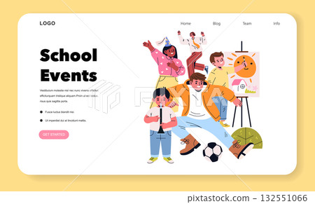 Kids engage in various activities during a school event, including art and music. Their expressions show excitement and creativity, illustrating a vibrant and joyful atmosphere. This vector 132551066