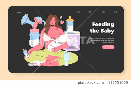 Vector illustration of a mother nursing her baby, surrounded by feeding supplies like bottles and a breast pump. The scene emphasizes the nurturing bond between mother and child. Vector illustration of a mother nursing her baby, surrounded by feeding supplies like bottles and a breast pump. The scene emphasizes the nurturing bond between mother and child. 132551069