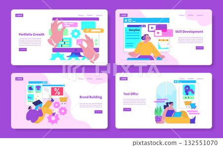 Vector illustration set showing business growth and skill development concepts. Includes actions like portfolio growth, brand building, and test offers with vibrant characters engaging in activities. Vector illustration set showing business growth and skill development concepts. Includes actions like portfolio growth, brand building, and test offers with vibrant characters engaging in activities. 132551070