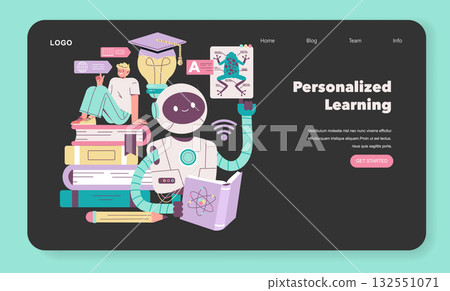 Vector illustration depicting personalized learning with an AI robot holding a book and a student sitting on a pile of books. The scene includes educational elements like a graduation cap and light Vector illustration depicting personalized learning with an AI robot holding a book and a student sitting on a pile of books. The scene includes educational elements like a graduation cap and light 132551071