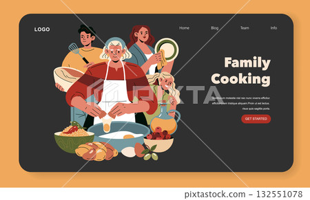 Family working in the kitchen preparing a meal together. Happy expressions and teamwork illustrate the joy of cooking. Colorful ingredients enhance the lively scene. 132551078