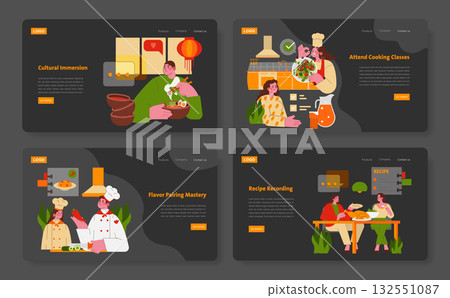 Vector illustration set depicting cultural immersion through culinary experiences. Includes scenes of cooking classes, food preparation, and flavor pairing mastery, highlighting diverse cooking styles 132551087