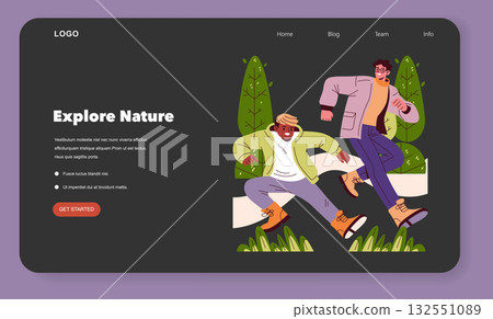 Colorful vector illustration of two joyful individuals running amidst greenery, showcasing a website interface theme with a nature exploration concept. Includes buttons and text elements. Colorful vector illustration of two joyful individuals running amidst greenery, showcasing a website interface theme with a nature exploration concept. Includes buttons and text elements. 132551089