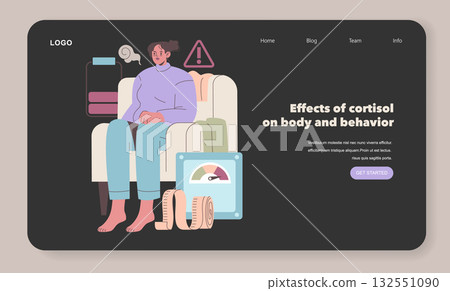 Vector illustration of a person experiencing stress, depicted through visual elements like a low battery, warning symbols, and a stress meter indicating cortisol effects. 132551090