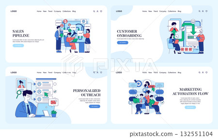 Business workflow vector illustrations featuring diverse teams engaged in distinct processes like sales pipeline, customer onboarding, personalized outreach, and marketing automation flow. Business workflow vector illustrations featuring diverse teams engaged in distinct processes like sales pipeline, customer onboarding, personalized outreach, and marketing automation flow. 132551104