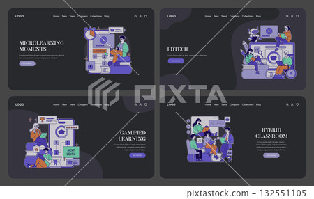 Engaging EdTech vector illustrations depicting microlearning moments, gamified learning, and hybrid classrooms with students interacting with digital tools and educational content. 132551105