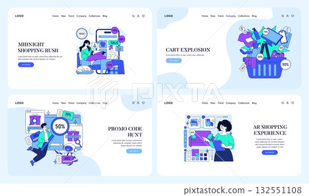 Colorful vector illustration showing online shopping scenes with discounts. Displays various digital shopping actions, including midnight purchases, promo code usage and AR experiences. 132551108