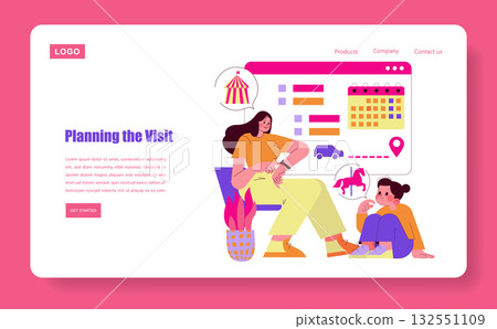 Vector illustration of a mother and daughter discussing a planned visit. The image shows a colorful design with charts, calendar, and directional symbols conveying organization and excitement. 132551109