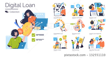 Digital loan concept vector illustration showcasing diverse financial themes such as business loans, credit scores, identity verification, and peer-to-peer lending with engaging visuals. 132551110
