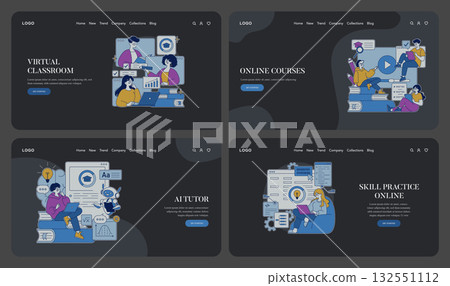 Vector illustration set depicting virtual classrooms, online courses, AI tutoring, and skill practice sessions. Engaged individuals interact with digital platforms to enhance learning. Vector illustration set depicting virtual classrooms, online courses, AI tutoring, and skill practice sessions. Engaged individuals interact with digital platforms to enhance learning. 132551112