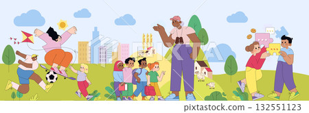 Vector illustration showcasing kids playing in a vibrant city park. Children are engaged in skateboarding, kite flying, puzzle solving, and enjoying outdoor fun under a bright sun. Vector illustration showcasing kids playing in a vibrant city park. Children are engaged in skateboarding, kite flying, puzzle solving, and enjoying outdoor fun under a bright sun. 132551123