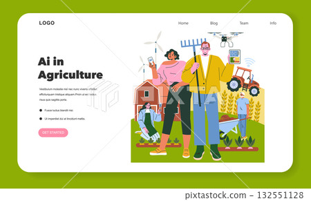 AI integration in agriculture is depicted in this vector illustration featuring farmers using technology and drones on a farm to enhance efficiency and productivity. 132551128