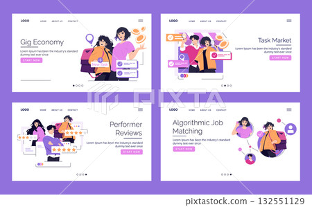 Vector illustration showcasing various aspects of the gig economy. Individuals are engaging with digital platforms, performing tasks, receiving reviews, and using algorithmic job matching. 132551129