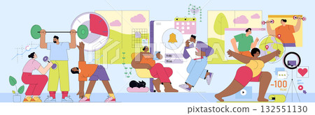 Vector illustration showing diverse people engaging in fitness activities and wellness planning. Features include exercising with weights, yoga, and scheduling wellness routines, promoting healthy Vector illustration showing diverse people engaging in fitness activities and wellness planning. Features include exercising with weights, yoga, and scheduling wellness routines, promoting healthy 132551130