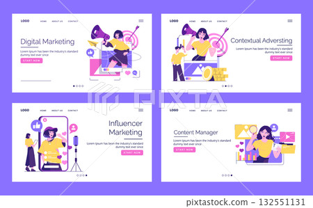 Set of vector illustrations featuring digital marketing, influencer marketing, and contextual advertising concepts. People with devices and charts in engaging marketing scenarios. 132551131