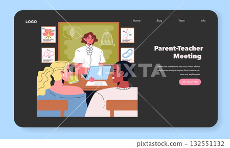 Vector illustration depicting a parent-teacher meeting in a classroom setting. A teacher engages with two attentive parents, showcasing collaborative communication and educational discussion. 132551132