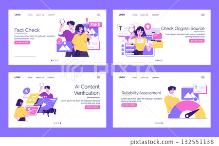 Vector illustration depicting online fact-checking actions, including identifying fake news, verifying AI content, and assessing reliability. People engage with digital tools for accuracy assurance. 132551138
