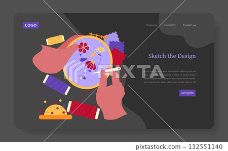 Vector illustration of hands engaging in embroidery with a floral design. Various colored threads and sewing tools enhance the creative process. Ideal for craft-related content. 132551140