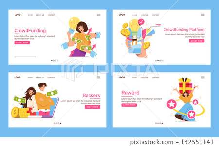Set of vector illustrations showcasing crowdfunding, investment, and reward concepts with diverse characters exchanging money and ideas. Ideal for financial technology themes. Set of vector illustrations showcasing crowdfunding, investment, and reward concepts with diverse characters exchanging money and ideas. Ideal for financial technology themes. 132551141