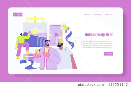 Vector illustration of a creative team working together on brand identity design. Two people collaborate using digital tools while a third person paints a canvas, conveying teamwork. 132551142