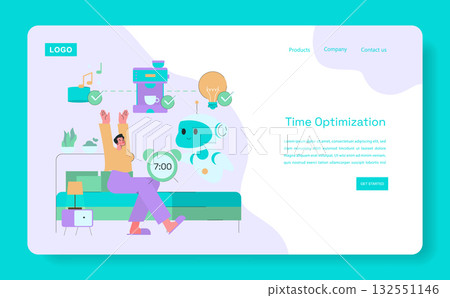 Vector illustration of a person interacting with a friendly robot assistant in a morning routine. The scene features a coffee machine and clock, emphasizing time optimization and efficiency. Vector illustration of a person interacting with a friendly robot assistant in a morning routine. The scene features a coffee machine and clock, emphasizing time optimization and efficiency. 132551146