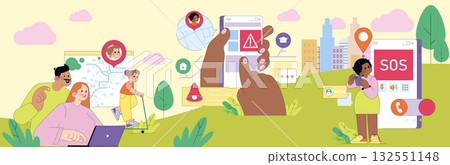 Vector illustration of a family using a safety app to set alerts for child location tracking. Shows a mobile app interface with warning icons, a map, and an SOS signal. 132551148