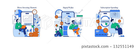 Vector illustration set showcasing financial themes. First image shows micro-investing with digital charts, second depicts digital wallet use with cryptocurrencies, third focuses on subscription 132551149