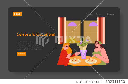 Vector illustration of two women sharing a meal at a restaurant, highlighting a celebration occasion. The warm atmosphere and flowers create a joyful mood, perfect for special gatherings. 132551150