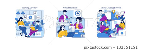 Bright vector illustration depicting diverse individuals engaging in virtual classrooms and global learning networks. Emphasizes online education, collaboration, and digital connectivity. 132551151