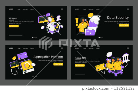 Set of vector illustrations showcasing fintech, data security, aggregation platform, and open API concepts. Vibrant designs feature symbolic elements like graphs and secure transactions. 132551152
