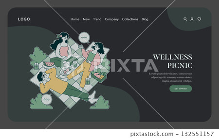 Vector illustration showing a group relaxing on a picnic blanket, enjoying snacks and drinks, fostering a sense of calm and connection during wellness time together. Vector illustration showing a group relaxing on a picnic blanket, enjoying snacks and drinks, fostering a sense of calm and connection during wellness time together. 132551157