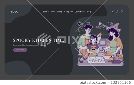 Vector illustration of a family joyfully baking Halloween treats in a kitchen. Parents and a child are decorating festive cookies and cupcakes surrounded by Halloween decor like pumpkins and cobwebs. 132551166