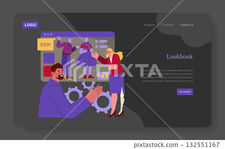 Fashion designers collaborate on a new clothing line via digital presentation. The illustration features stylish outfits and designers engaging in a creative discussion. Vector art style enhances the 132551167