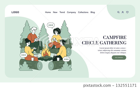 Vector illustration of a group of friends sitting around a campfire on logs, enjoying conversation and drinks in a forest setting. The scene conveys warmth and togetherness in nature. 132551171