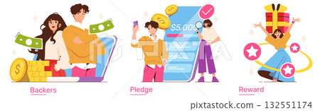 Engaging vector illustration depicting crowdfunding success, featuring happy individuals pledging, investing, and celebrating rewards. Money, pledges, and achievements are emphasized energetically. Engaging vector illustration depicting crowdfunding success, featuring happy individuals pledging, investing, and celebrating rewards. Money, pledges, and achievements are emphasized energetically. 132551174