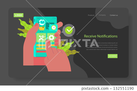 Colorful vector illustration of a hand interacting with a mobile app interface on a smartphone screen. The design includes vibrant icons, a robot character, and notification elements. Colorful vector illustration of a hand interacting with a mobile app interface on a smartphone screen. The design includes vibrant icons, a robot character, and notification elements. 132551190