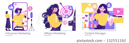 Vector illustration set depicting influencer marketing, affiliate marketing, and content management concepts. Features vibrant characters engaging with digital marketing tools and platforms. Vector illustration set depicting influencer marketing, affiliate marketing, and content management concepts. Features vibrant characters engaging with digital marketing tools and platforms. 132551192