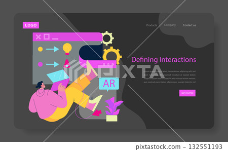 Vector illustration of a person engaging with augmented reality elements on a screen. Includes digital graphics, interface components, and vibrant colors to represent tech interaction. Vector illustration of a person engaging with augmented reality elements on a screen. Includes digital graphics, interface components, and vibrant colors to represent tech interaction. 132551193