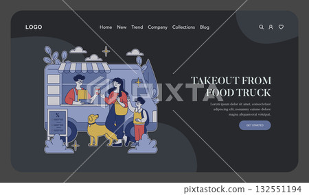 Vector illustration of a family buying takeout from a food truck at night. The scene highlights a cheerful interaction between the server and customers, including a dog. Vibrant and engaging. 132551194