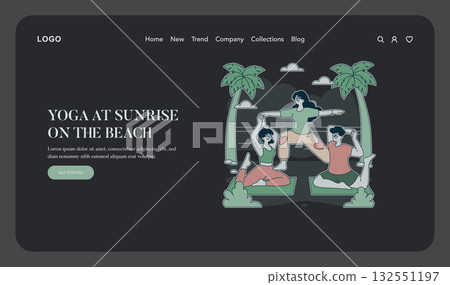 Vector illustration depicting three individuals practicing yoga on a beach at sunrise. They engage in various yoga poses amidst palm trees under a clear sky. Suitable for wellness themes. 132551197