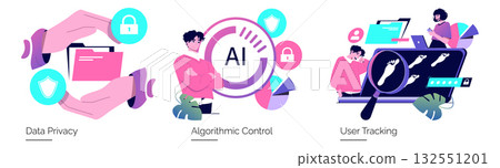 Vector illustration highlighting data privacy, algorithmic control, and user tracking with symbolic elements. People engage with technology showing varied emotions and interaction. Vector illustration highlighting data privacy, algorithmic control, and user tracking with symbolic elements. People engage with technology showing varied emotions and interaction. 132551201