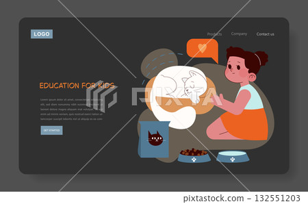 A child feeding a cat in a cozy setting, highlighting friendship and caring. This vector illustration serves as a web layout for educational content aimed at children. 132551203