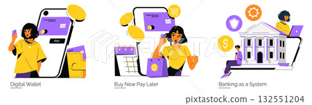 Vector illustrations showing a person using digital wallet, buy now pay later concept, and online banking system. Depicts modern financial technology and convenience in daily life. 132551204