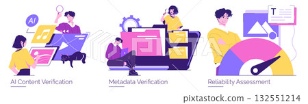 Vector illustration showcasing individuals engaged in AI content verification, metadata analysis, and reliability assessment, emphasizing digital tools and collaborative teamwork. 132551214