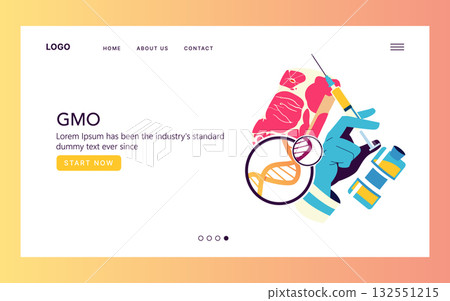 GMO-themed vector illustration featuring a hand with a syringe, DNA strand, meat cuts, and laboratory bottles. Ideal for articles or presentations on genetic modification and biotechnology. GMO-themed vector illustration featuring a hand with a syringe, DNA strand, meat cuts, and laboratory bottles. Ideal for articles or presentations on genetic modification and biotechnology. 132551215