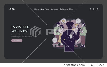 Vector illustration depicting emotional struggles within a group setting. Central figure with symbolic cracks conveys vulnerability while surrounded by people, reflecting inner conflict and social 132551224
