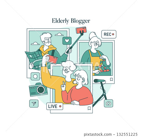 Vector illustration depicting elderly individuals engaging with technology for blogging. The image highlights dynamic interactions, showcasing joyful moments in creating digital content. Vector illustration depicting elderly individuals engaging with technology for blogging. The image highlights dynamic interactions, showcasing joyful moments in creating digital content. 132551225